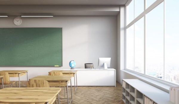 Classroom interior with shelves computer and wooden furniture. Concept of education.3d rendering. Mock up